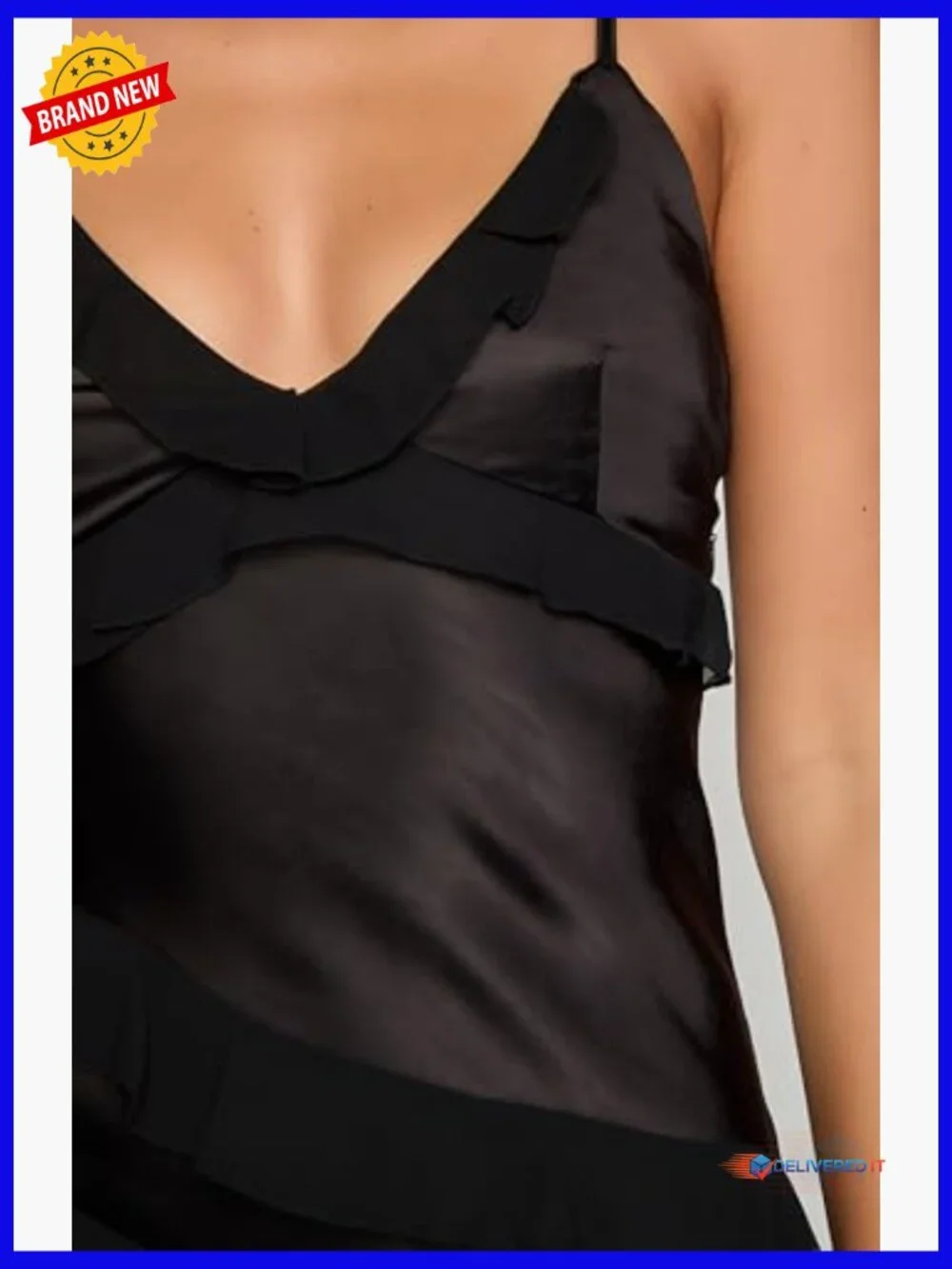 Satin Maxi Dress V-Neck Ruffle Backless Formal Wedding Guest - Picture 5 of 6